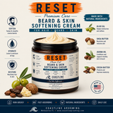Advertisement for Coastline Grooming Reset Beard & Skin Softening Cream with product details and ingredients.