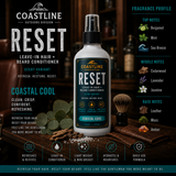 Coastline Reset leave-in hair and beard conditioner bottle with product details on a wooden surface.