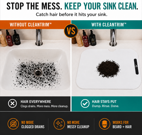Comparison of a sink with and without Cleantrim to catch hair, showing the difference in hair accumulation.